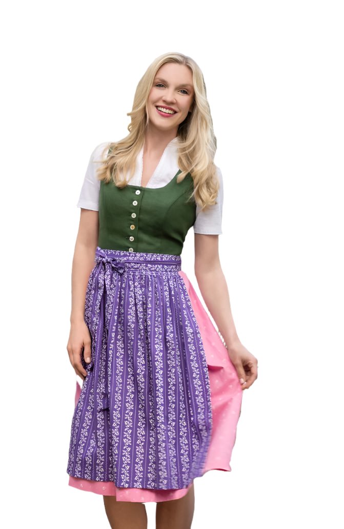 Moser Long Dirndl 70cm Green/ Pink with Flowered Apron (size 52)