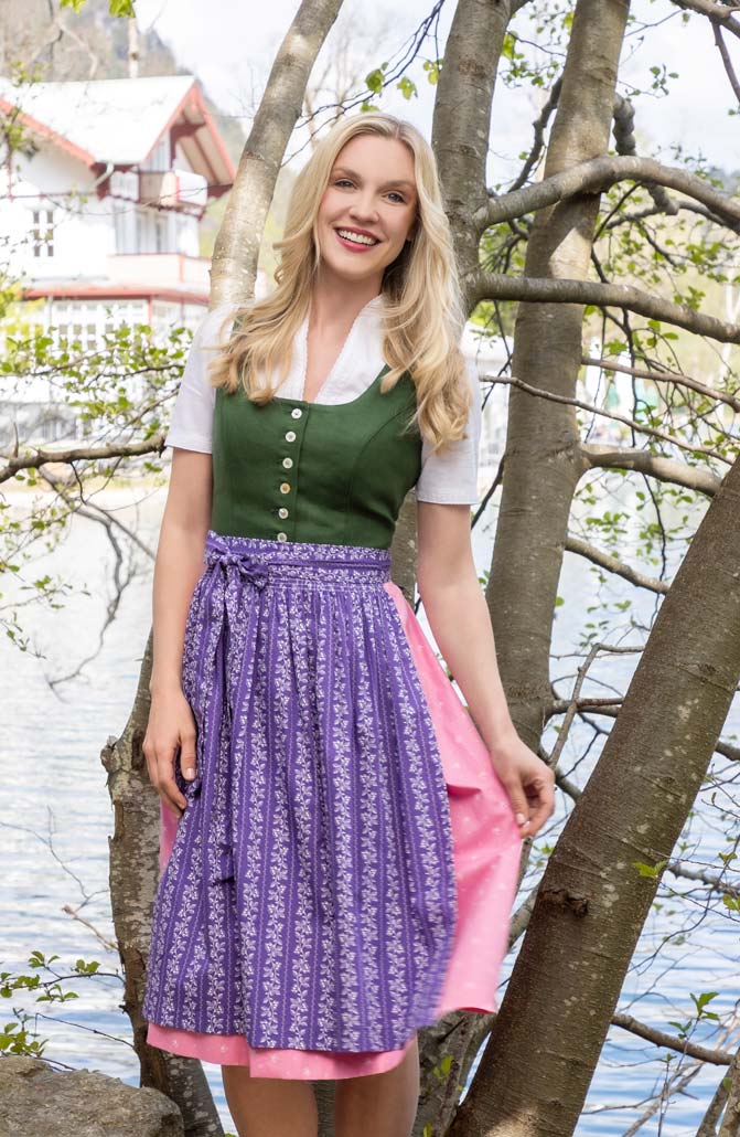 Moser Long Dirndl 70cm Green/ Pink with Flowered Apron (size 52)