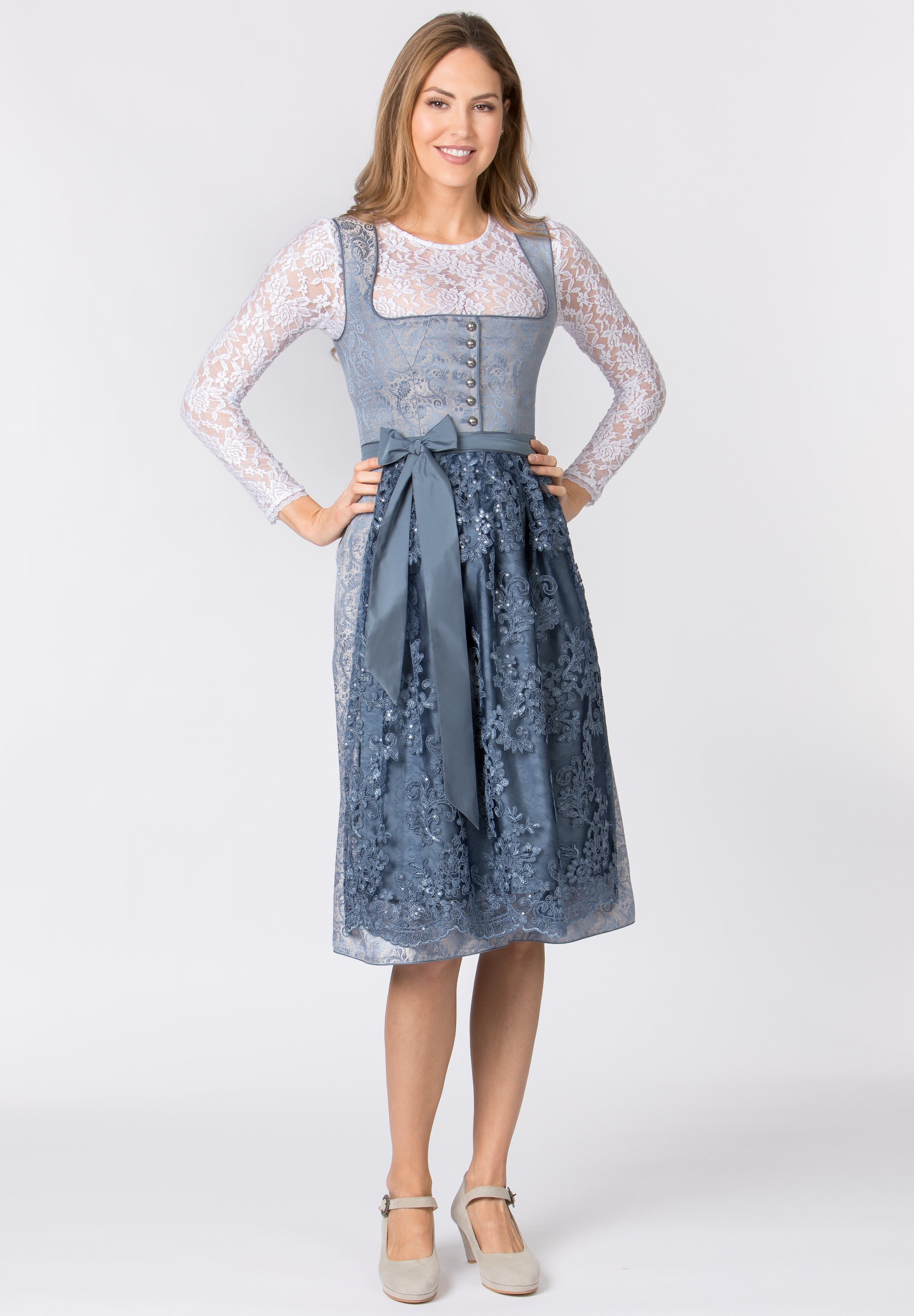 Stockerpoint Long Dirndl 2pcs. 70cm "Sidonia" Smoke Blue/Cream/Rose